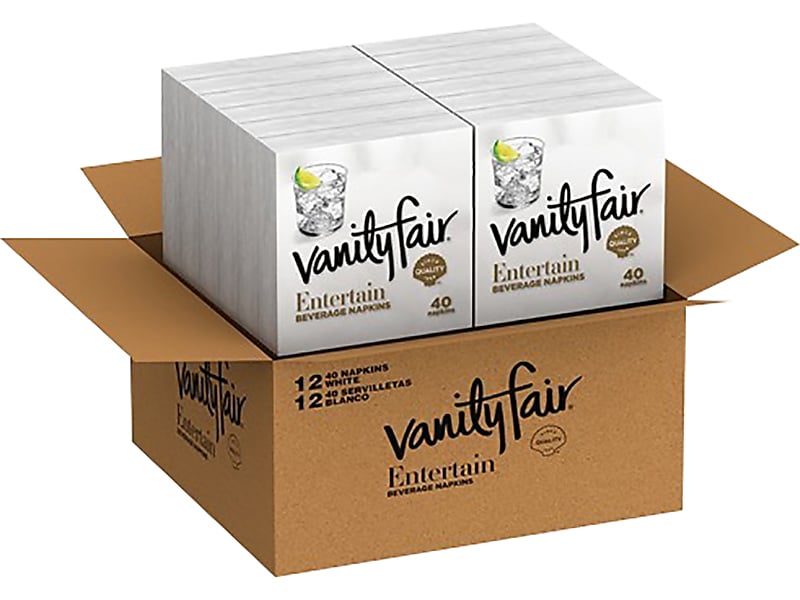 Vanity Fair Entertain Beverage Beverage Napkin, 2-ply, White, 40 Napkins/Pack, 12/Carton (35134)
