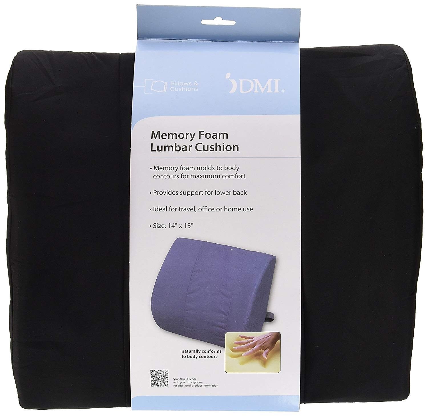 DMI 14" x 13" Foam Memory Lumbar Cushion with Strap, Polyester/Cotton Cover, Black