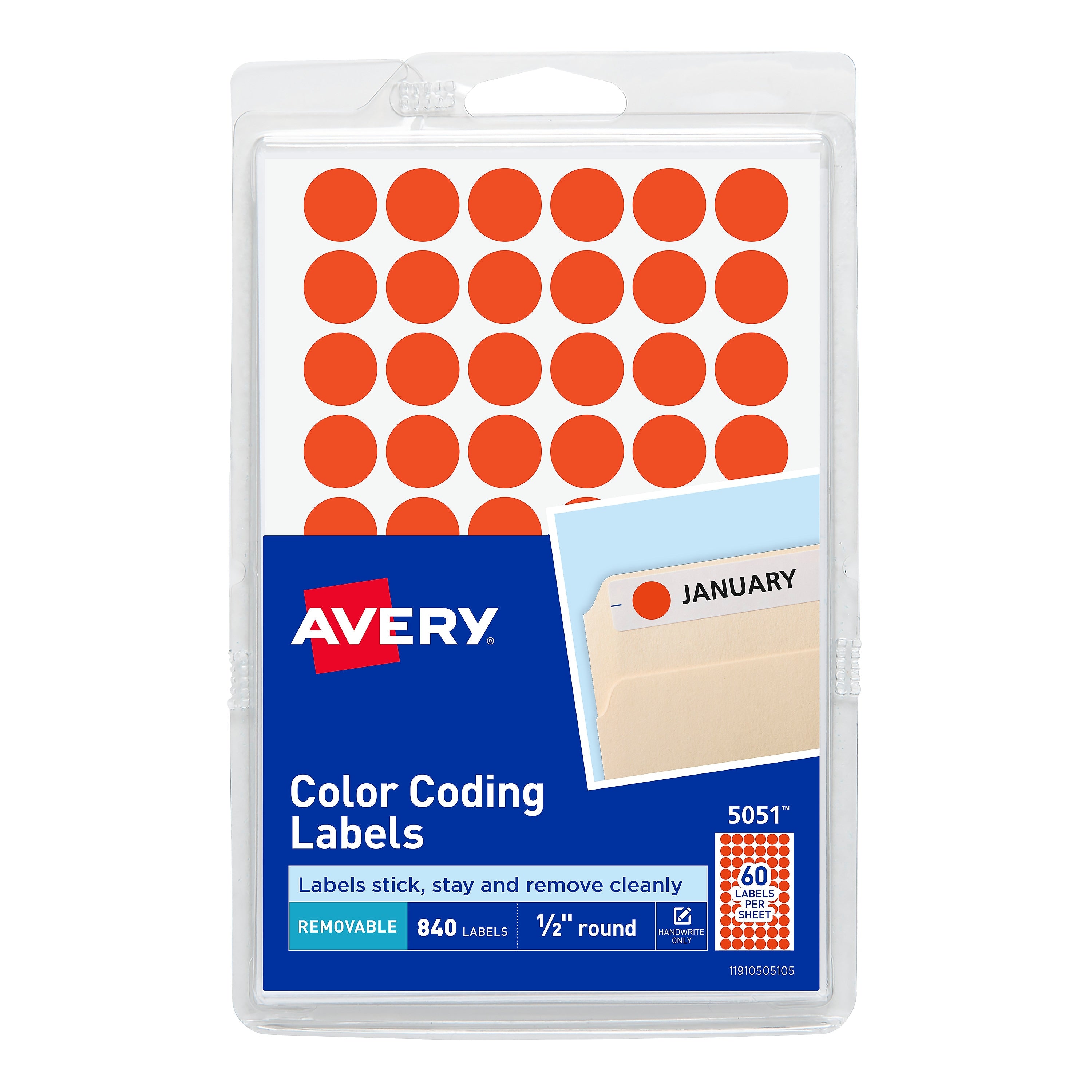Avery Hand Written Color Coding Labels, 0.5"Dia., Neon Red, 60/Sheet, 14 Sheets/Pack  (5051)