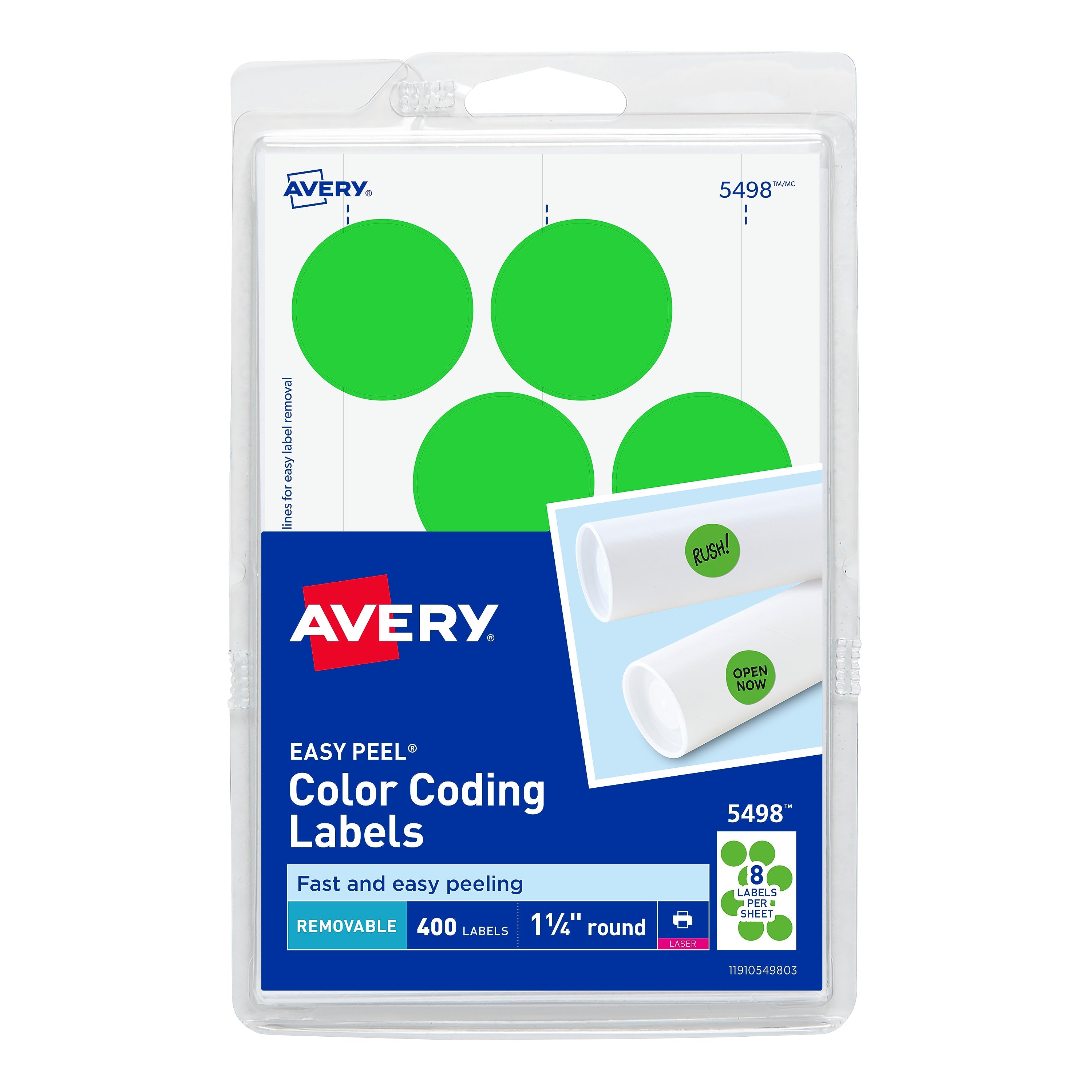 Avery Laser Color Coding Labels, 1 1/4" Dia., Neon Green, 8/Sheet, 50 Sheets/Pack (5498)