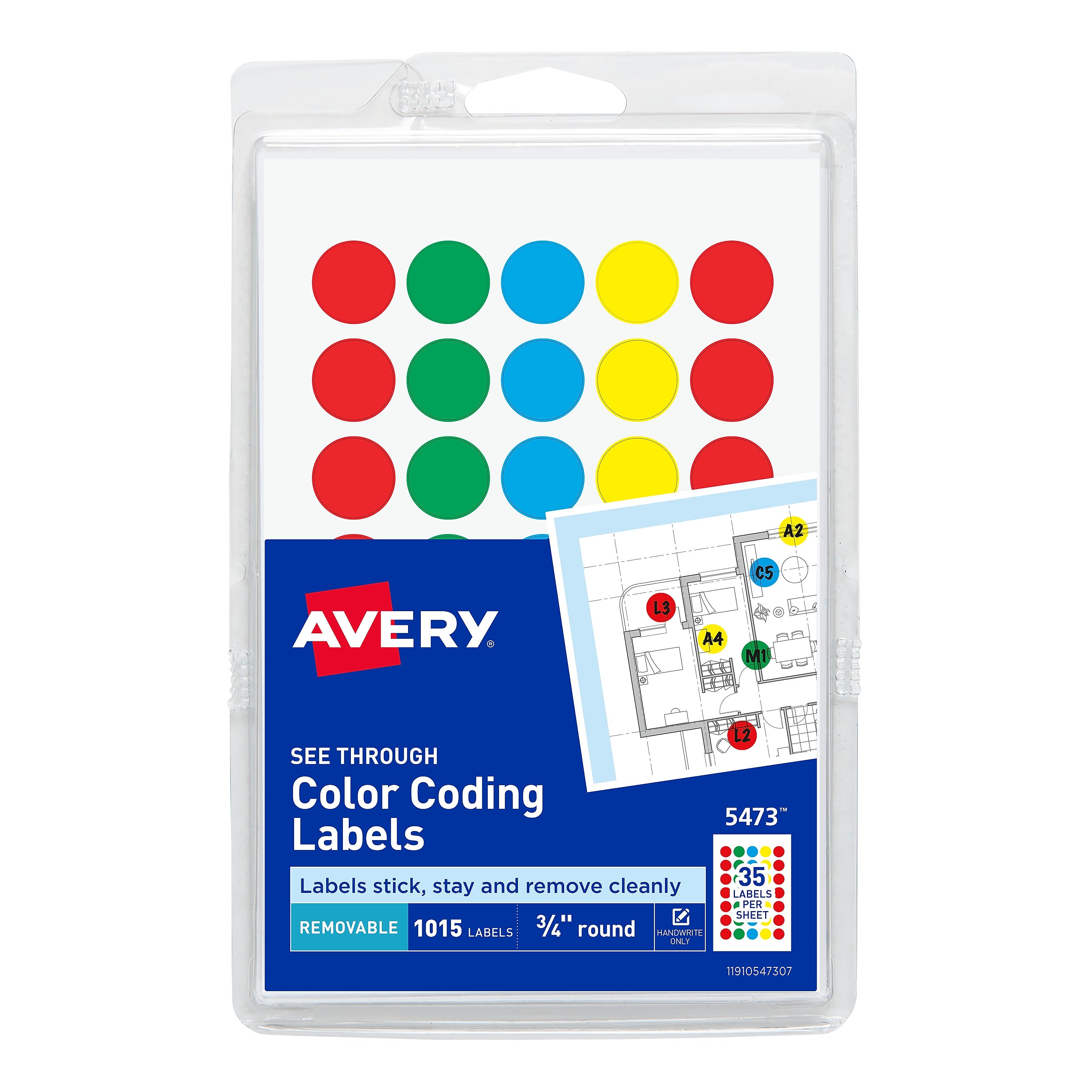 Avery See-Through Hand Written Color Coding Labels, 3/4" Dia., Translucent Assorted Colors, 35/Sheet, 29 Sheets/Pack (5473)