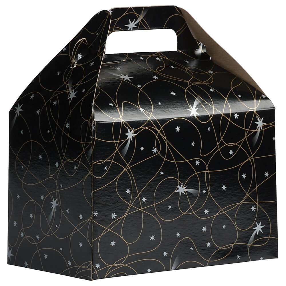 JAM Paper Gable Gift Box with Handle, Medium, 4 x 8 x 5 1/4, Black Shooting Stars Design (4353517)