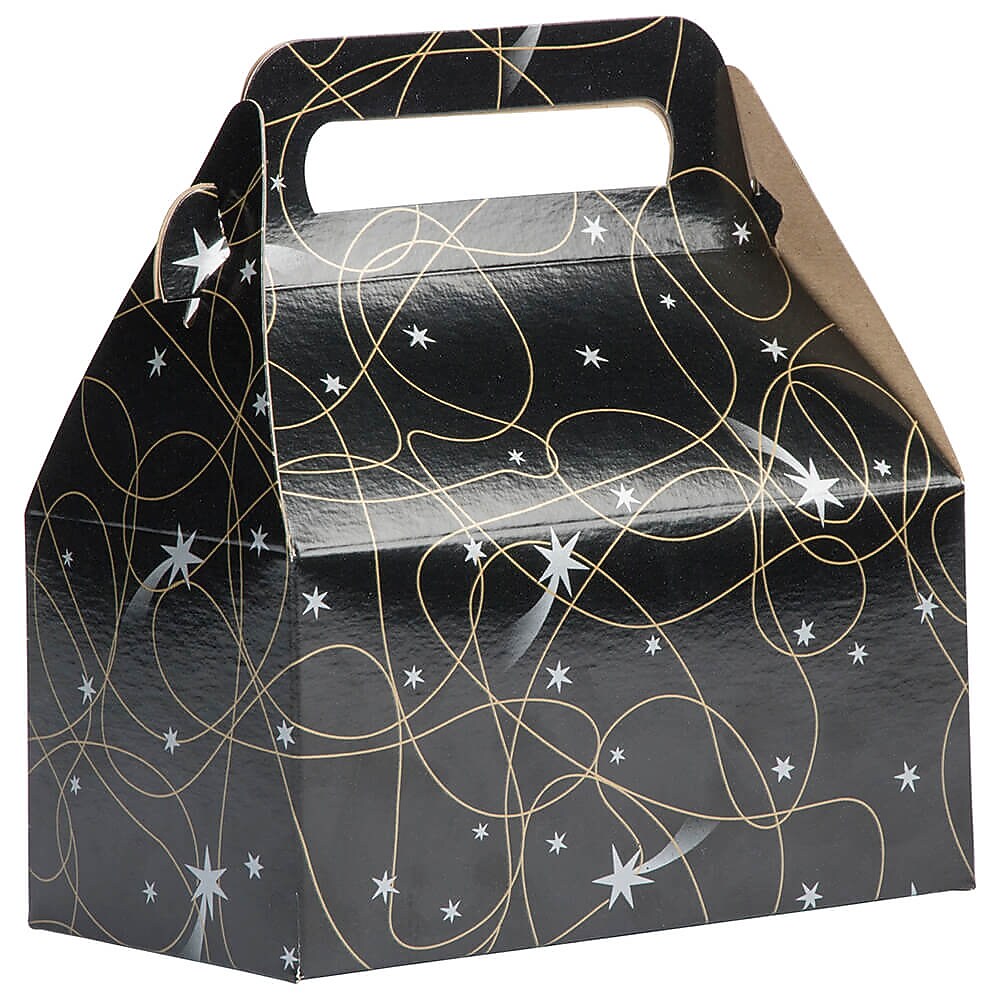 JAM Paper Gable Gift Box with Handle, Small, 3 1/4 x 6 x 3, Black Shooting Stars Design (4353509)