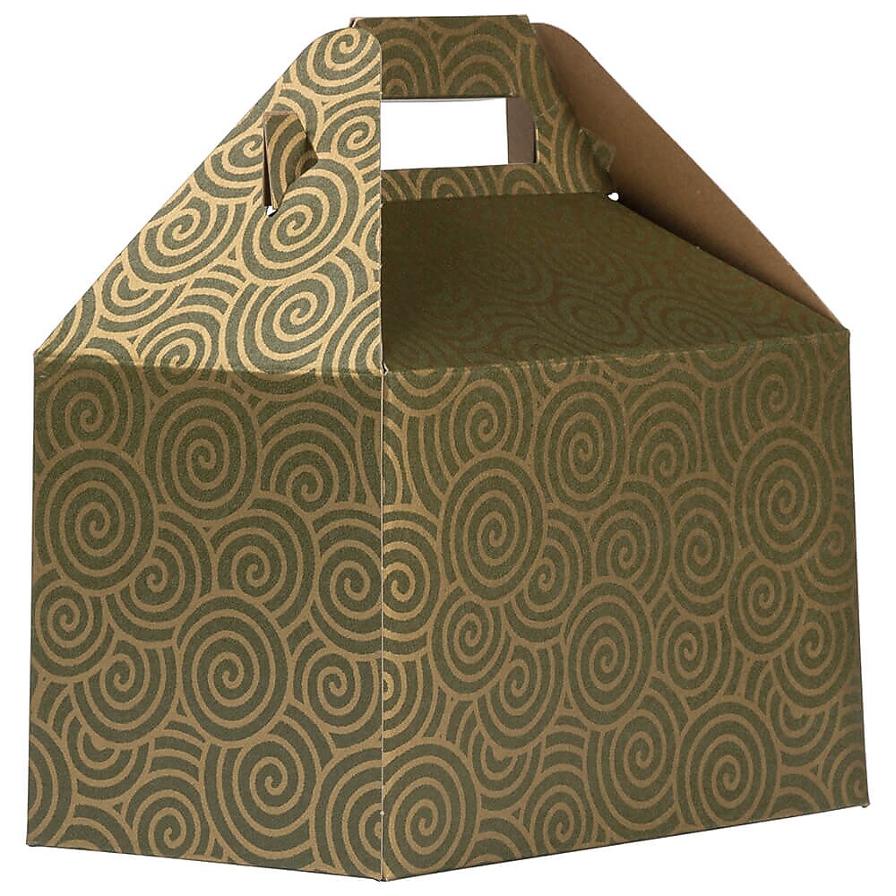 JAM Paper Gable Gift Box with Handle, 4" x 8" x 5.25", Green/Gold Swirl (4353522)