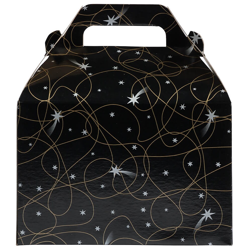 JAM Paper Gable Gift Box with Handle, Medium, 4 x 8 x 5 1/4, Black Shooting Stars Design (4353517)