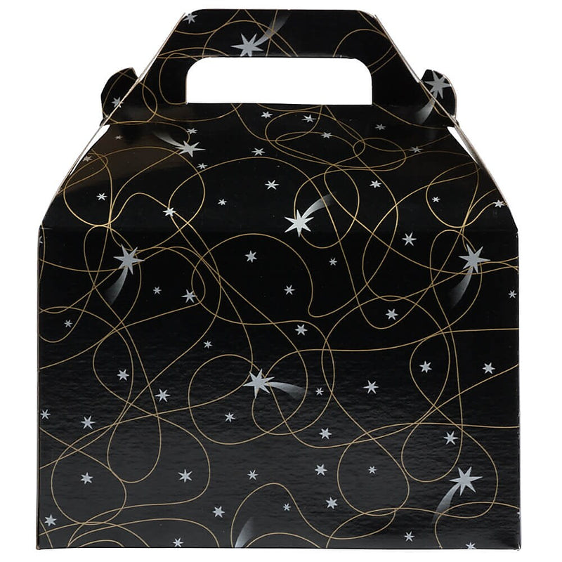 JAM Paper Gable Gift Box with Handle, Medium, 4 x 8 x 5 1/4, Black Shooting Stars Design (4353517)