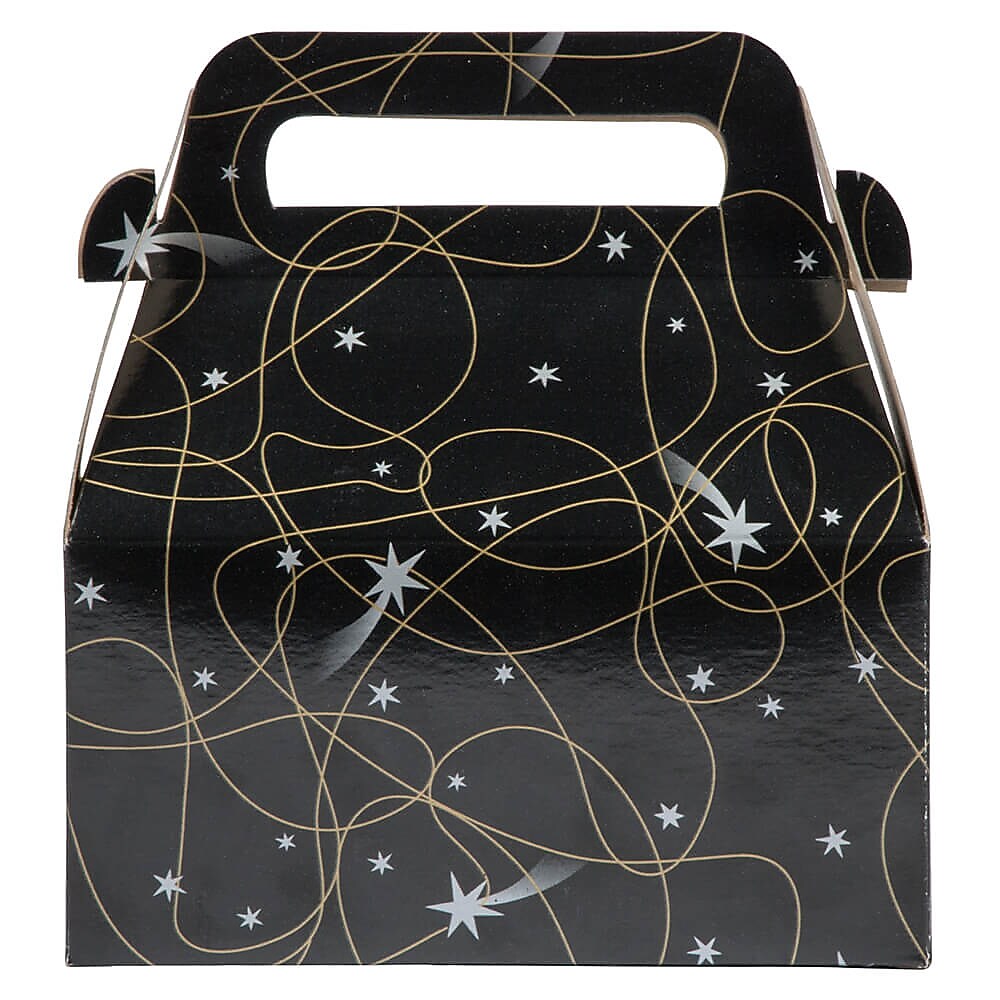 JAM Paper Gable Gift Box with Handle, Small, 3 1/4 x 6 x 3, Black Shooting Stars Design (4353509)