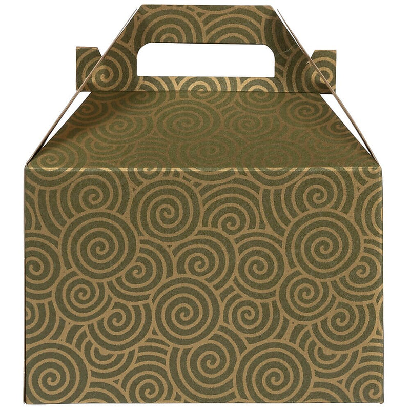 JAM Paper Gable Gift Box with Handle, 4" x 8" x 5.25", Green/Gold Swirl (4353522)