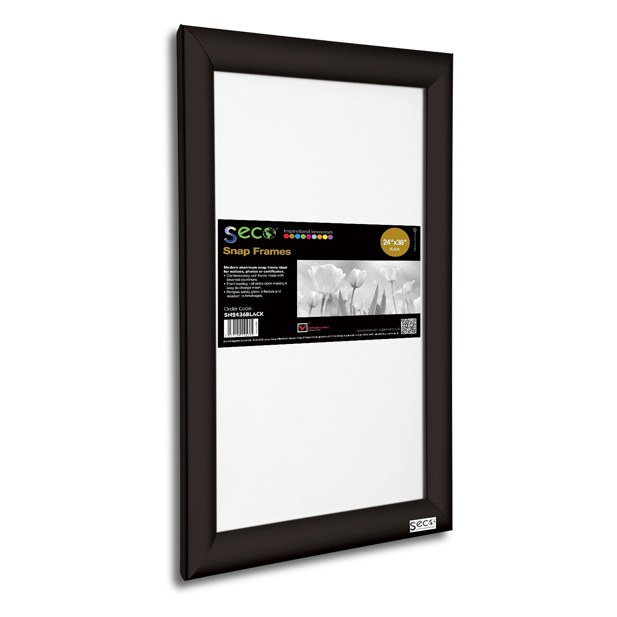 Seco® Front Load Easy Open Snap Poster Frame, 24" x 36", Black Aluminum (SN2436BLACK)