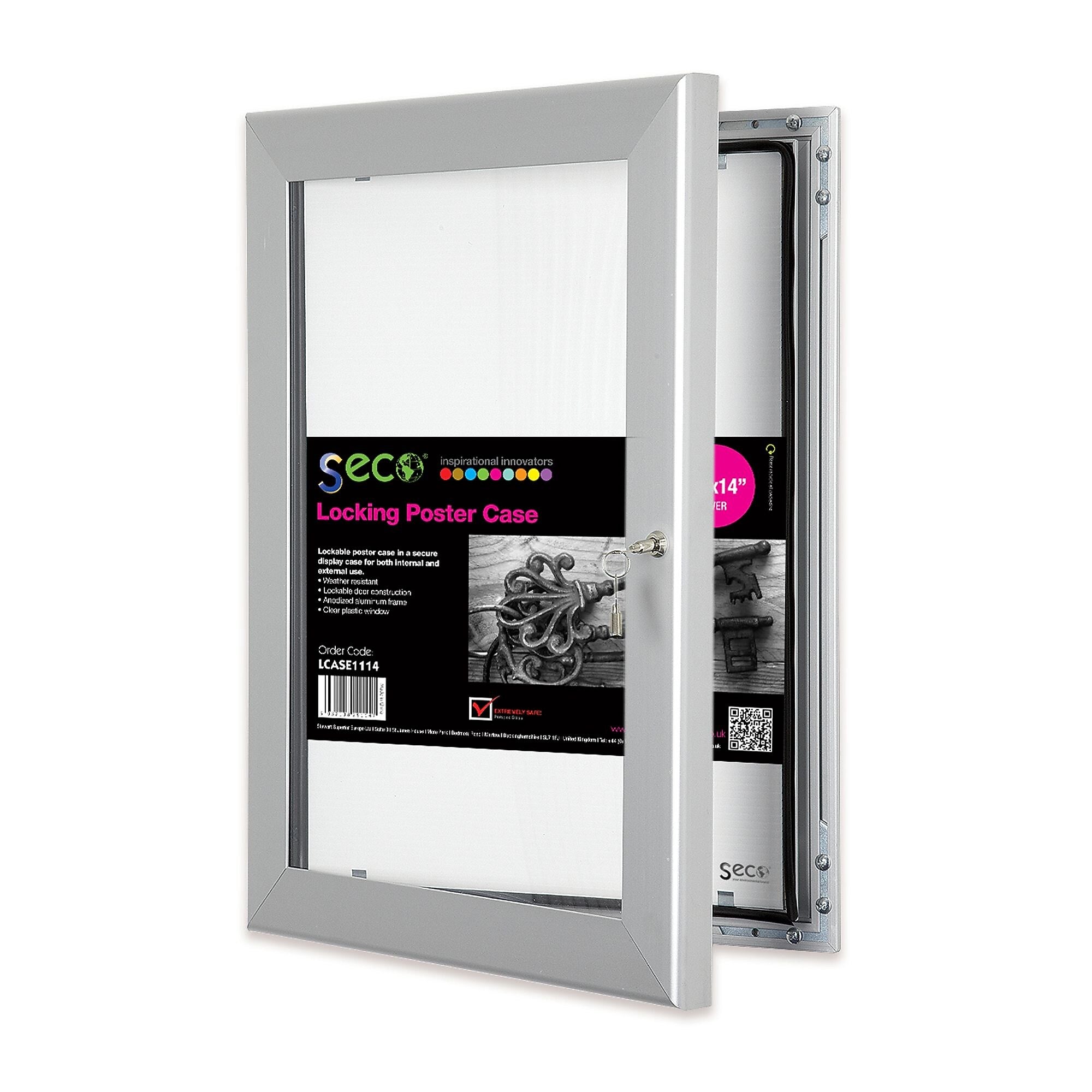 Seco® Locking Indoor/Outdoor Poster Case Shatterproof Rustproof, 11" x 14",  Silver (LCASE1114)