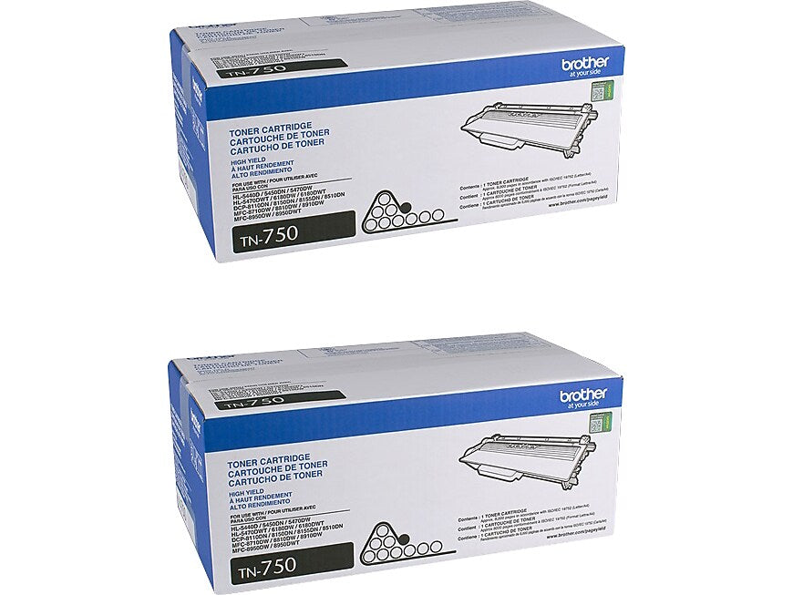 Brother TN-750 Black High Yield Toner Cartridge, 2/Pack   (TN7502PK)