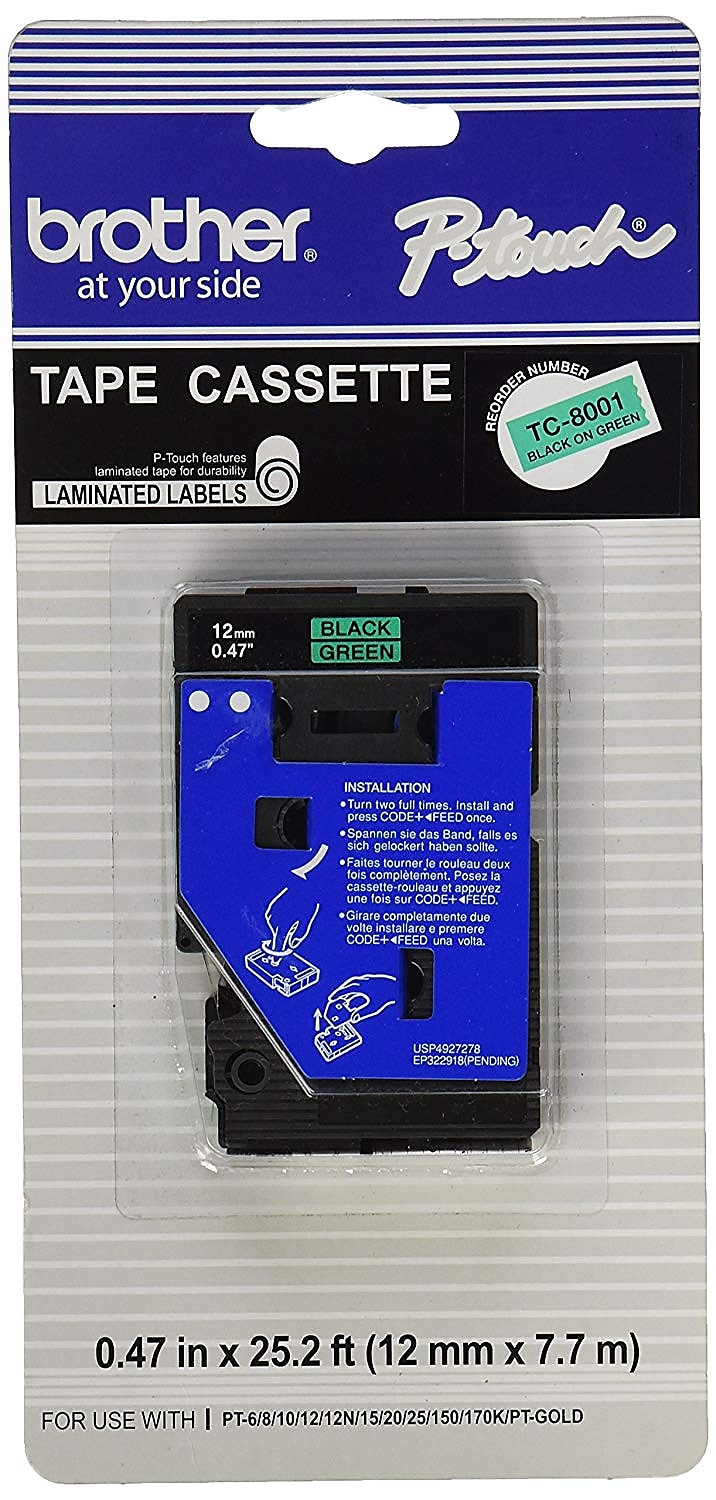 Brother TC TC-8001 Printer Label, 1/2"W, Black on Green