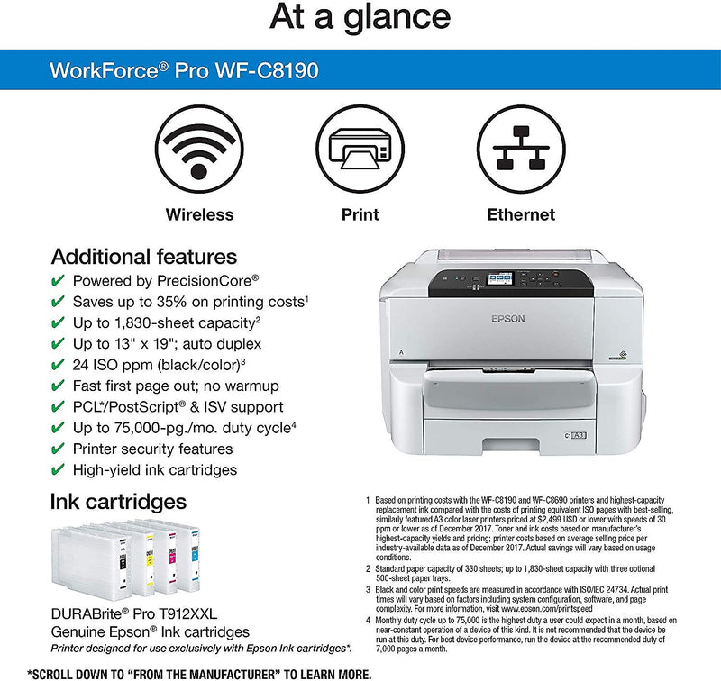 Epson WorkForce Pro WF-C8190 Wireless 13 x 19 Color Inkjet Printer (C11CG70201)