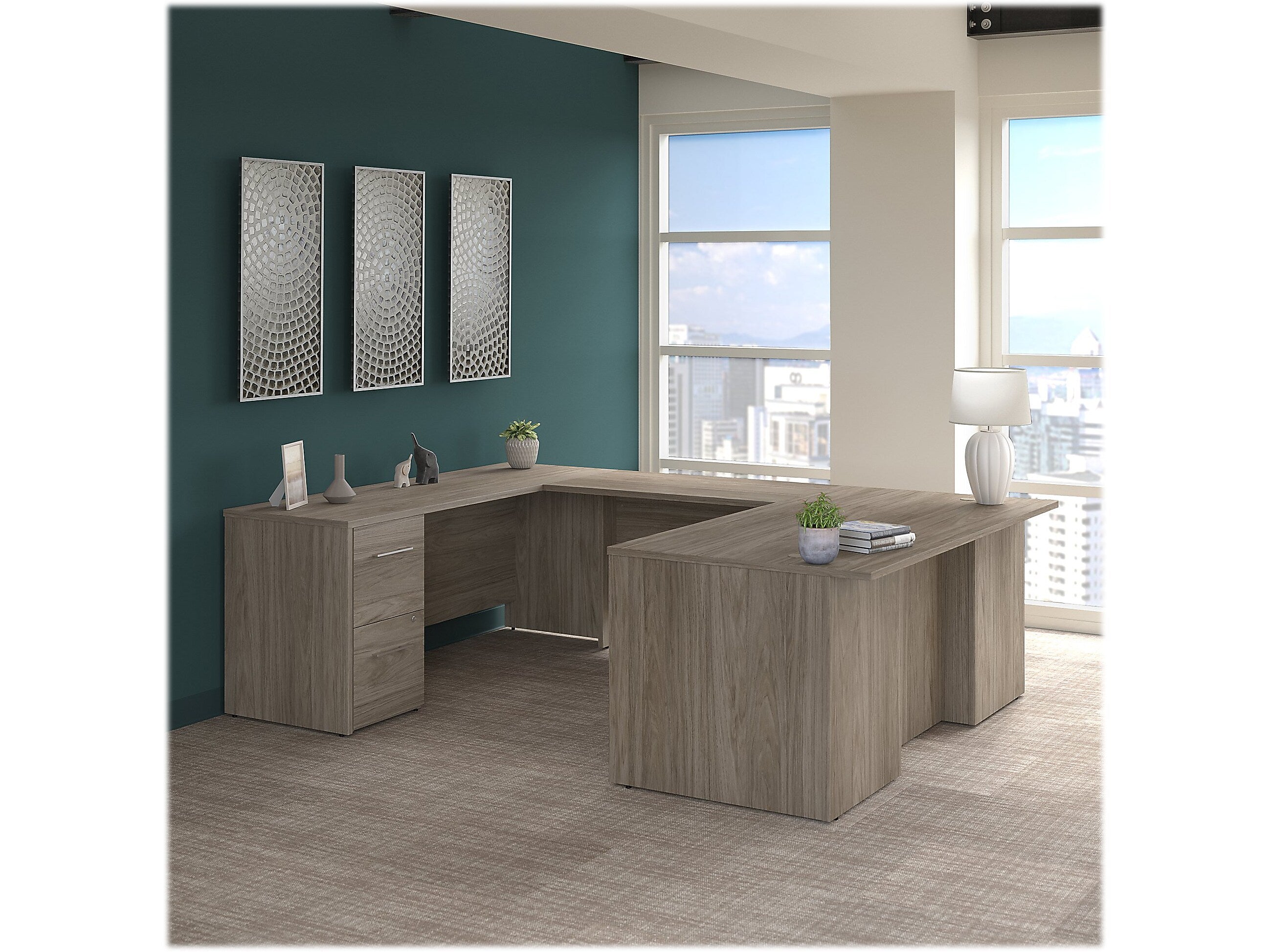 Bush Business Furniture Office 500 72"W U Shaped Executive Desk with Drawers, Modern Hickory (OF5002MHSU)