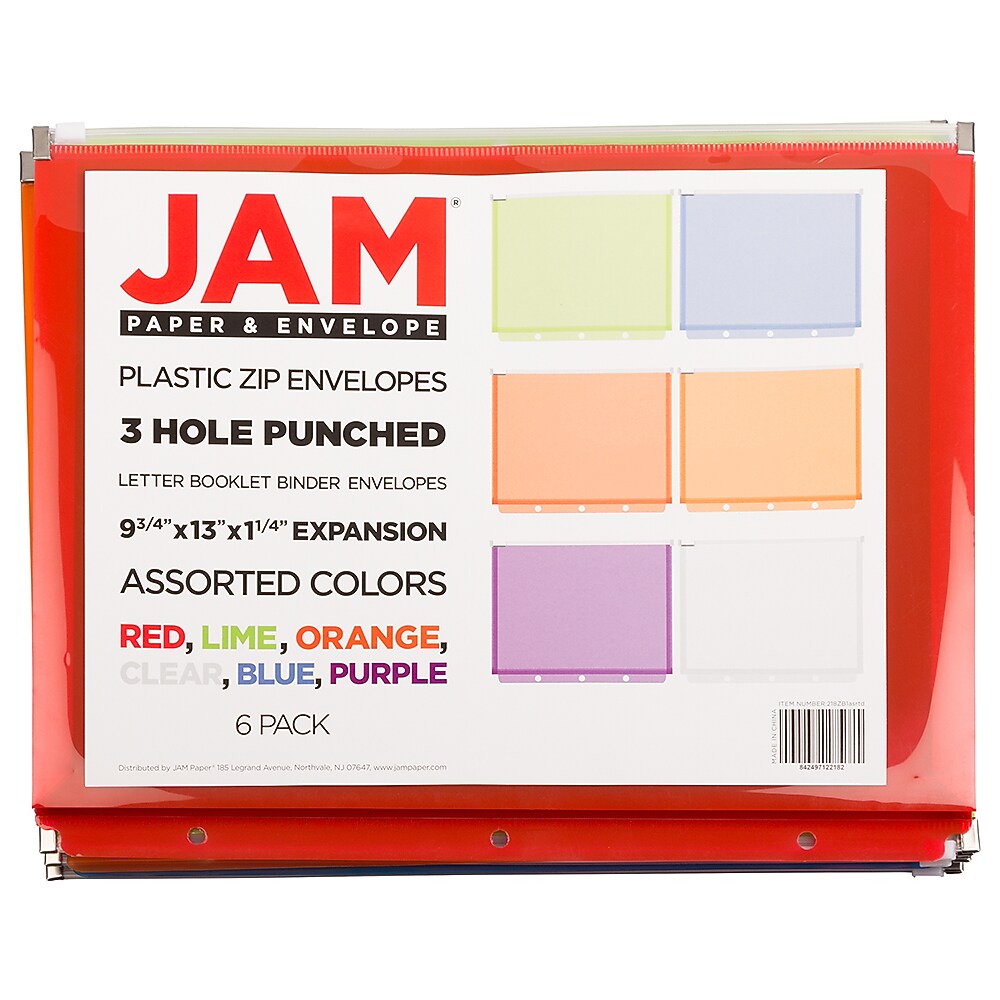 JAM Paper Plastic 3 Hole Punch Binder Envelopes with Zip Closure, Letter Booklet, 9.75 x 13, Assorted, 6/Pack (218ZB1ASRTD)