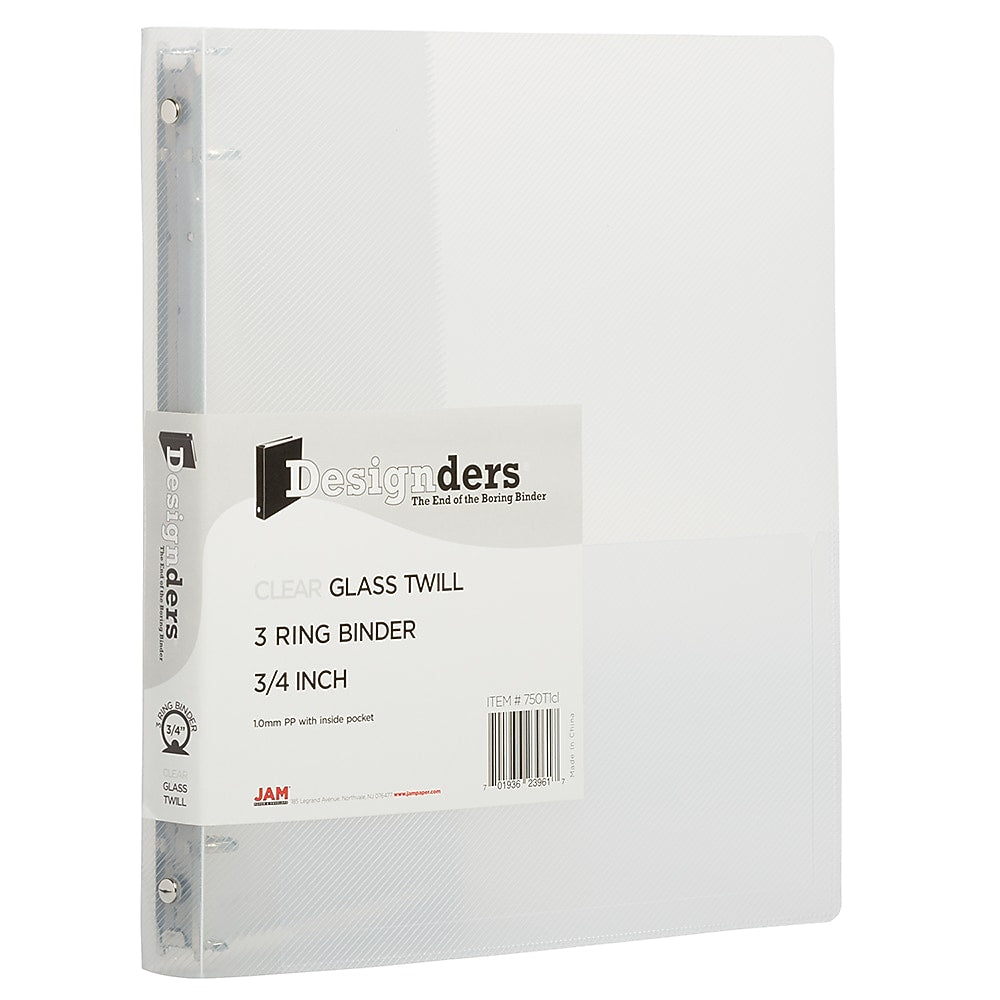 JAM Paper Designders 3/4" 3-Ring Flexible Poly Binders, Clear (750T1CL)