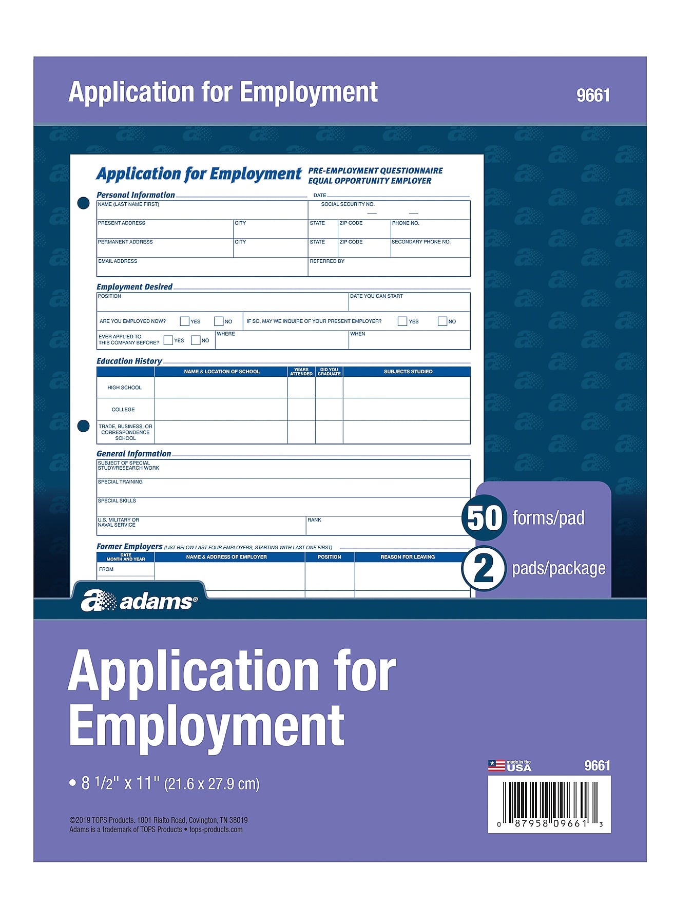 Adams Employment Applications, 50/Pad, 2 Pads/Pack (ABF 9661)