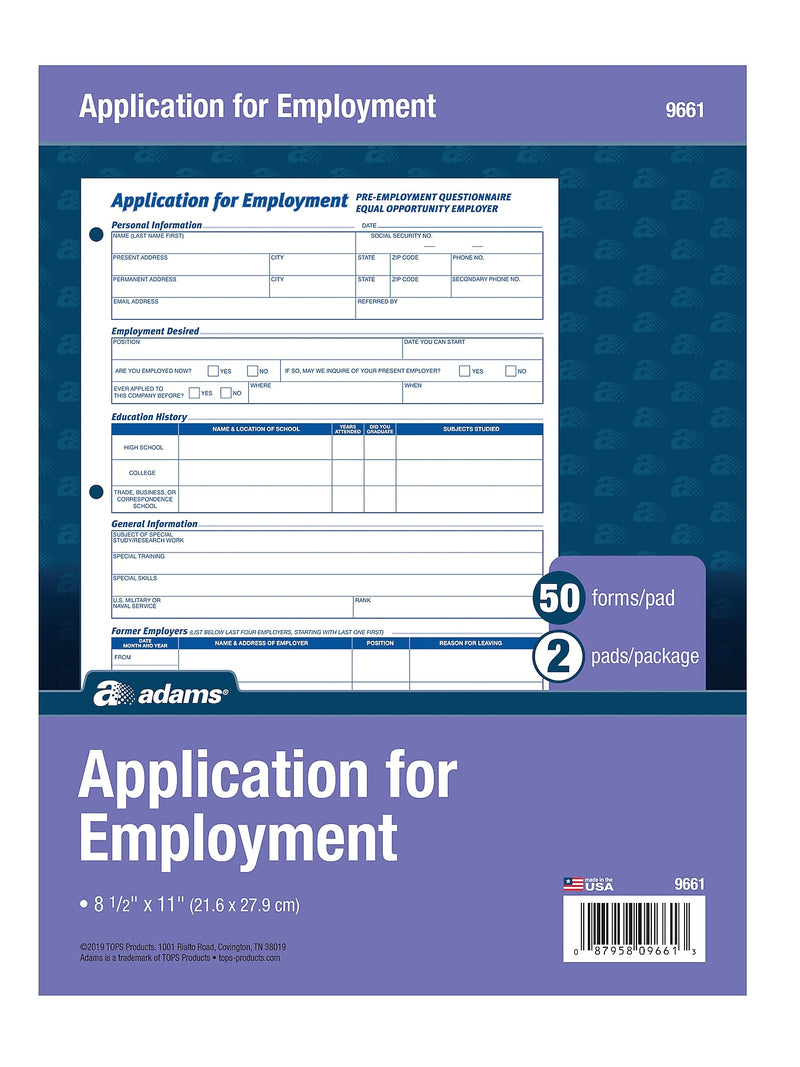 Adams Employment Applications, 50/Pad, 2 Pads/Pack (ABF 9661)
