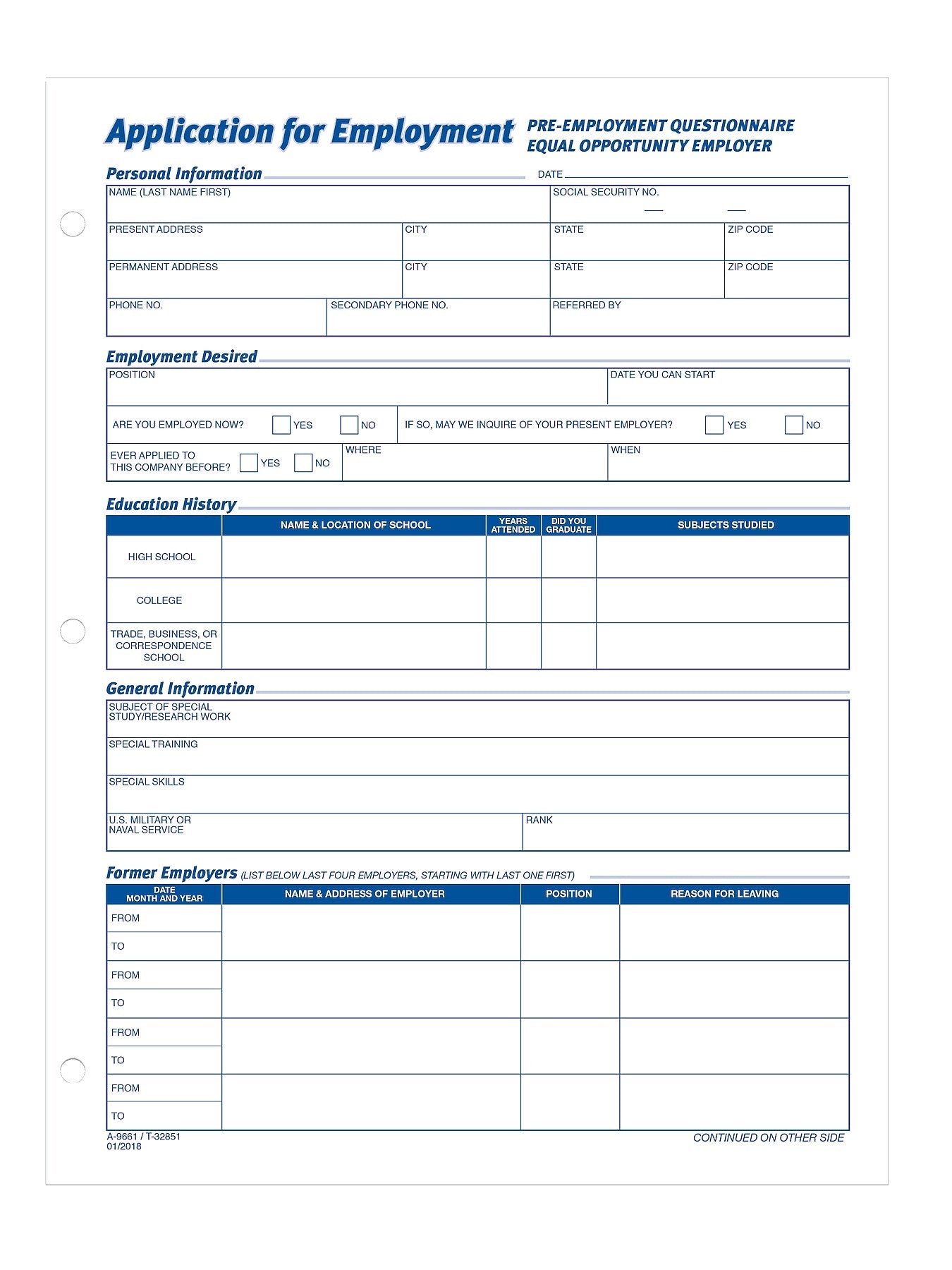 Adams Employment Applications, 50/Pad, 2 Pads/Pack (ABF 9661)