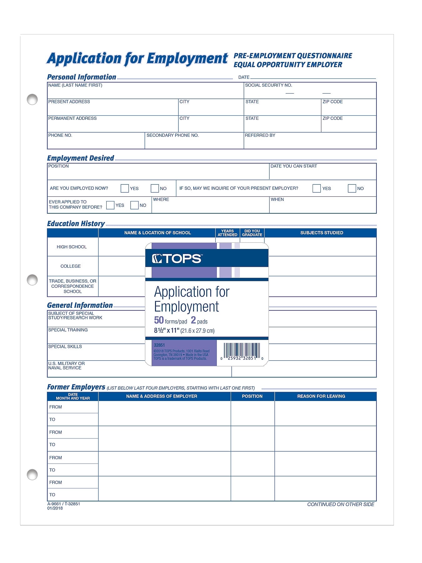 TOPS® Application for Employment, 2-Sided, 8-1/2 x 11", 50 Sheets/Pad, 2 Pads/Box (32851)