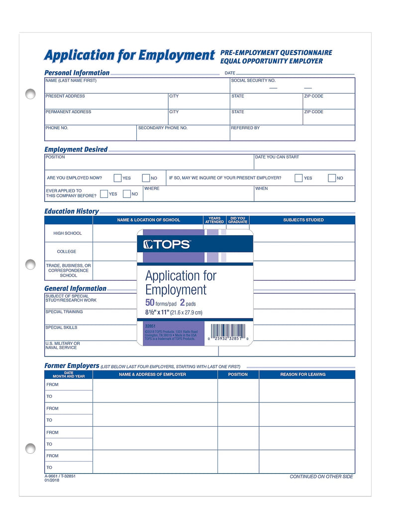 TOPS® Application for Employment, 2-Sided, 8-1/2 x 11", 50 Sheets/Pad, 2 Pads/Box (32851)