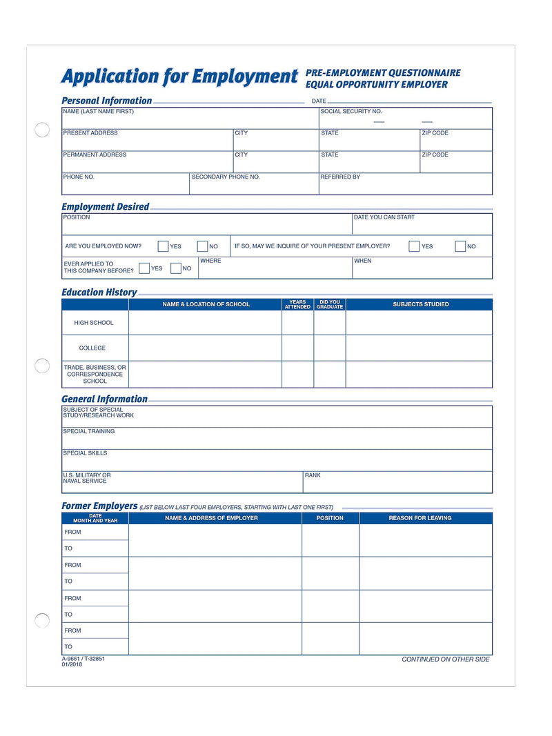 TOPS® Application for Employment, 2-Sided, 8-1/2 x 11", 50 Sheets/Pad, 2 Pads/Box (32851)