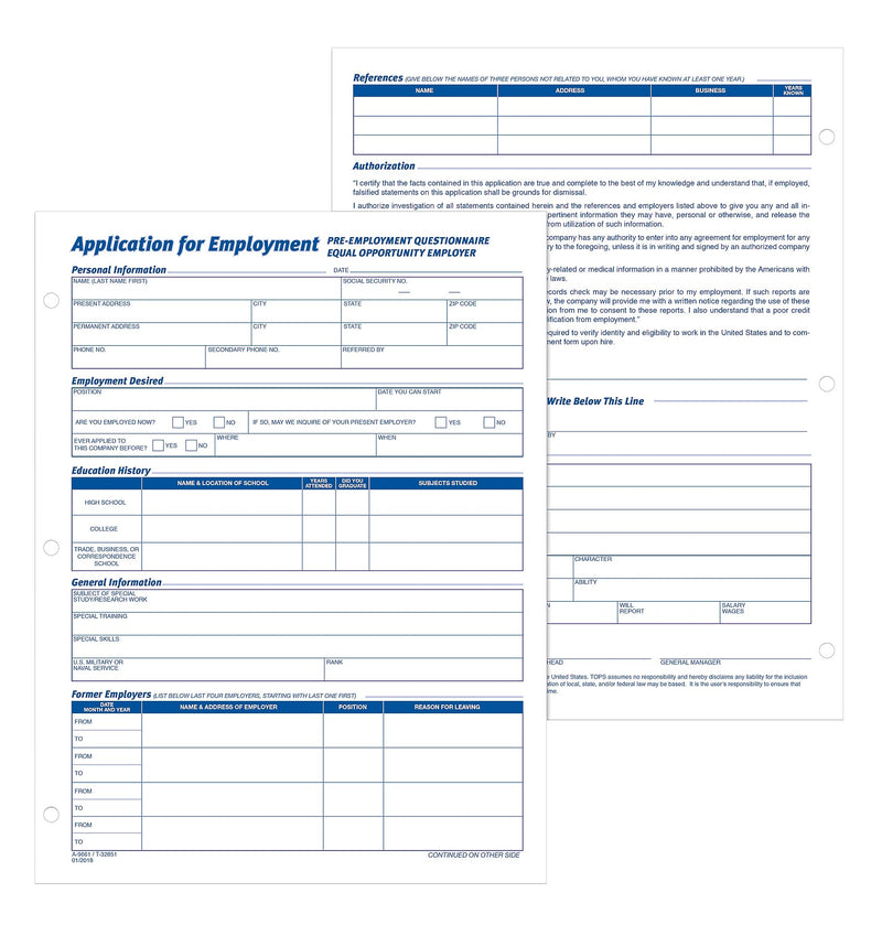 TOPS® Application for Employment, 2-Sided, 8-1/2 x 11", 50 Sheets/Pad, 2 Pads/Box (32851)