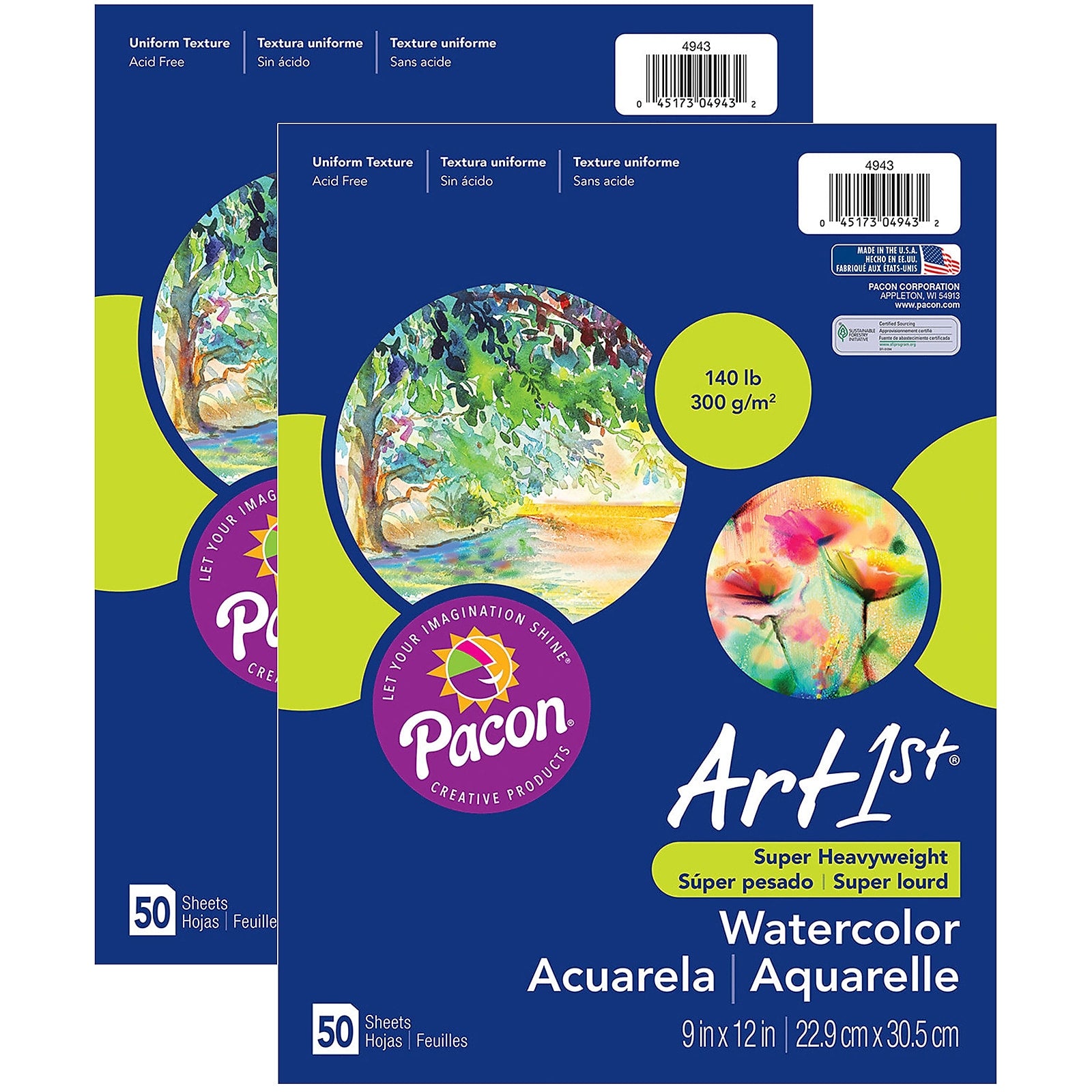 Pacon UCreate 9" x 12" Super Heavyweight Watercolor Paper Pad, 50 Sheets/Pad, 2 Pads/Pack (PAC4943-2)