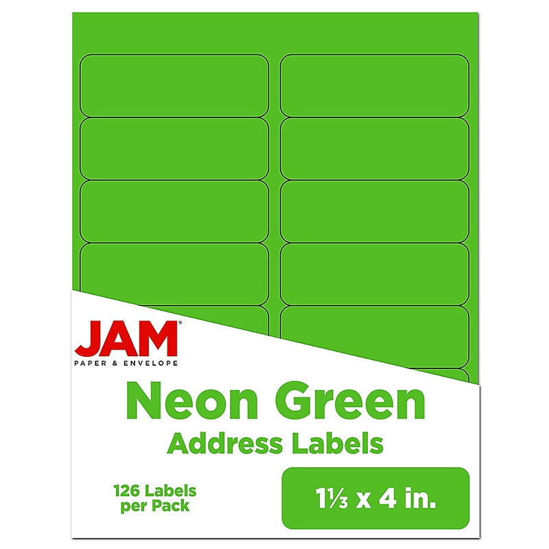 JAM Paper Address Labels, 1 1/3" x 4", Neon Green, 14 Labels/Sheet, 9 Sheets/Pack (359329613)