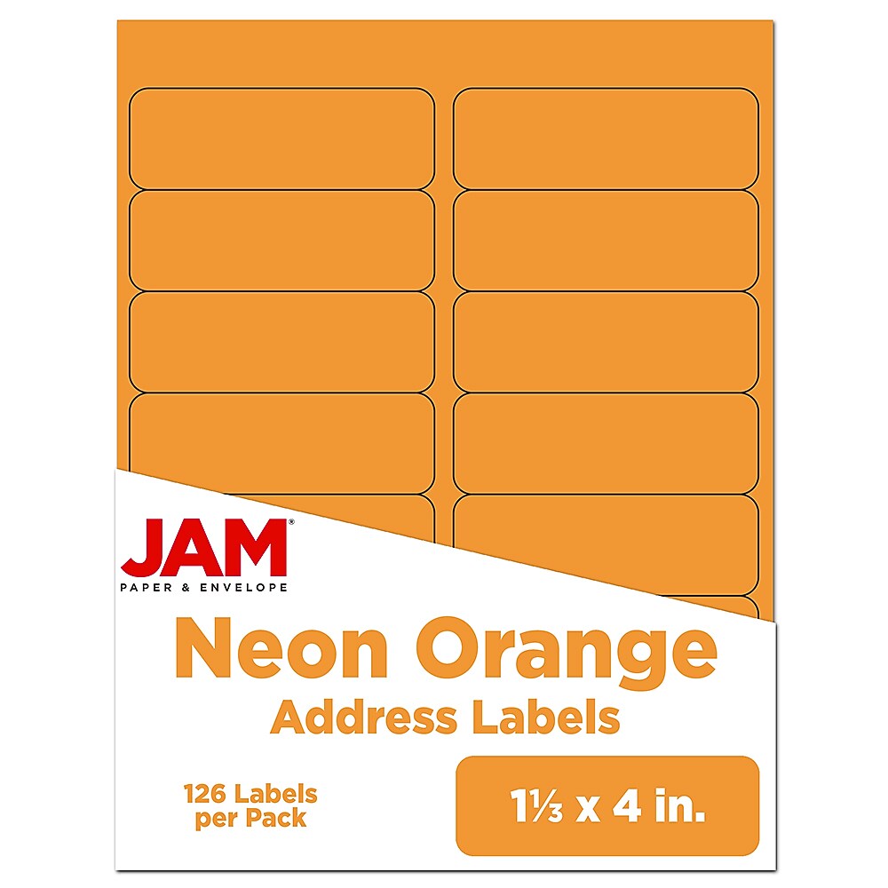 JAM Paper Address Labels, 1 1/3" x 4", Neon Orange, 14 Labels/Sheet, 9 Sheets/Pack (359329611)