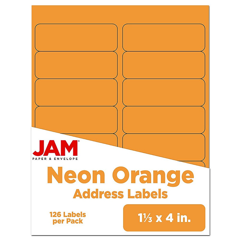 JAM Paper Address Labels, 1 1/3" x 4", Neon Orange, 14 Labels/Sheet, 9 Sheets/Pack (359329611)