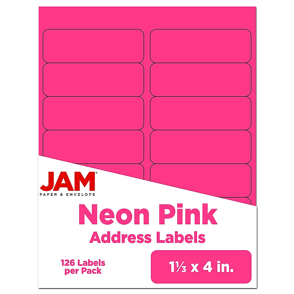 JAM Paper Address Labels, 1 1/3" x 4", Neon Pink, 14 Labels/Sheet, 9 Sheets/Pack (359329612)