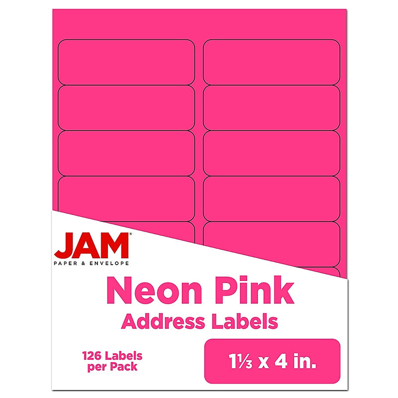 JAM Paper Address Labels, 1 1/3" x 4", Neon Pink, 14 Labels/Sheet, 9 Sheets/Pack (359329612)