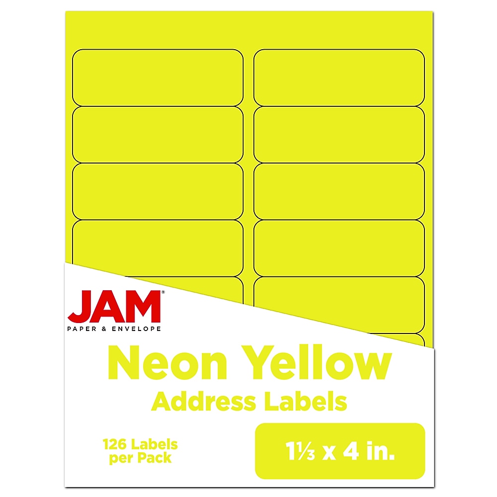 JAM Paper Address Labels, 1 1/3" x 4", Neon Yellow, 14 Labels/Sheet, 9 Sheets/Pack (359329614)
