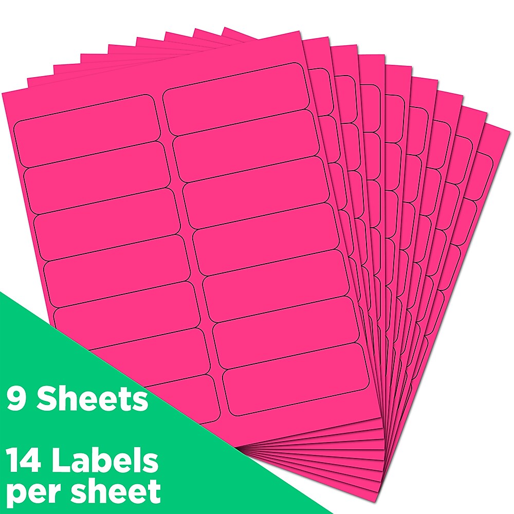 JAM Paper Address Labels, 1 1/3" x 4", Neon Pink, 14 Labels/Sheet, 9 Sheets/Pack (359329612)