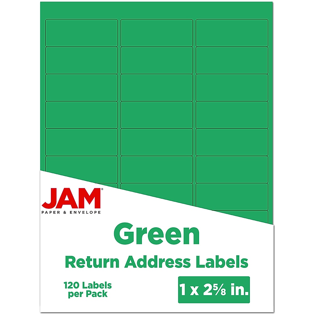 JAM Paper Laser/Inkjet Mailing Address Label, 1" x 2 5/8", Green, 30 Labels/Sheet, 4 Sheets/Pack (302725772)