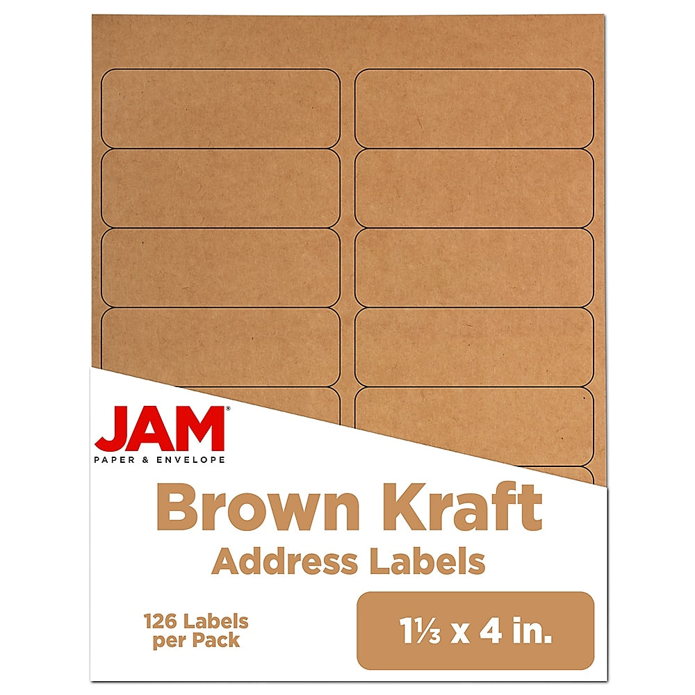 JAM Paper Address Labels, 1 1/3" x 4" , Brown Kraft, 14 Labels/Sheet, 9 Sheets/Pack (359330336)