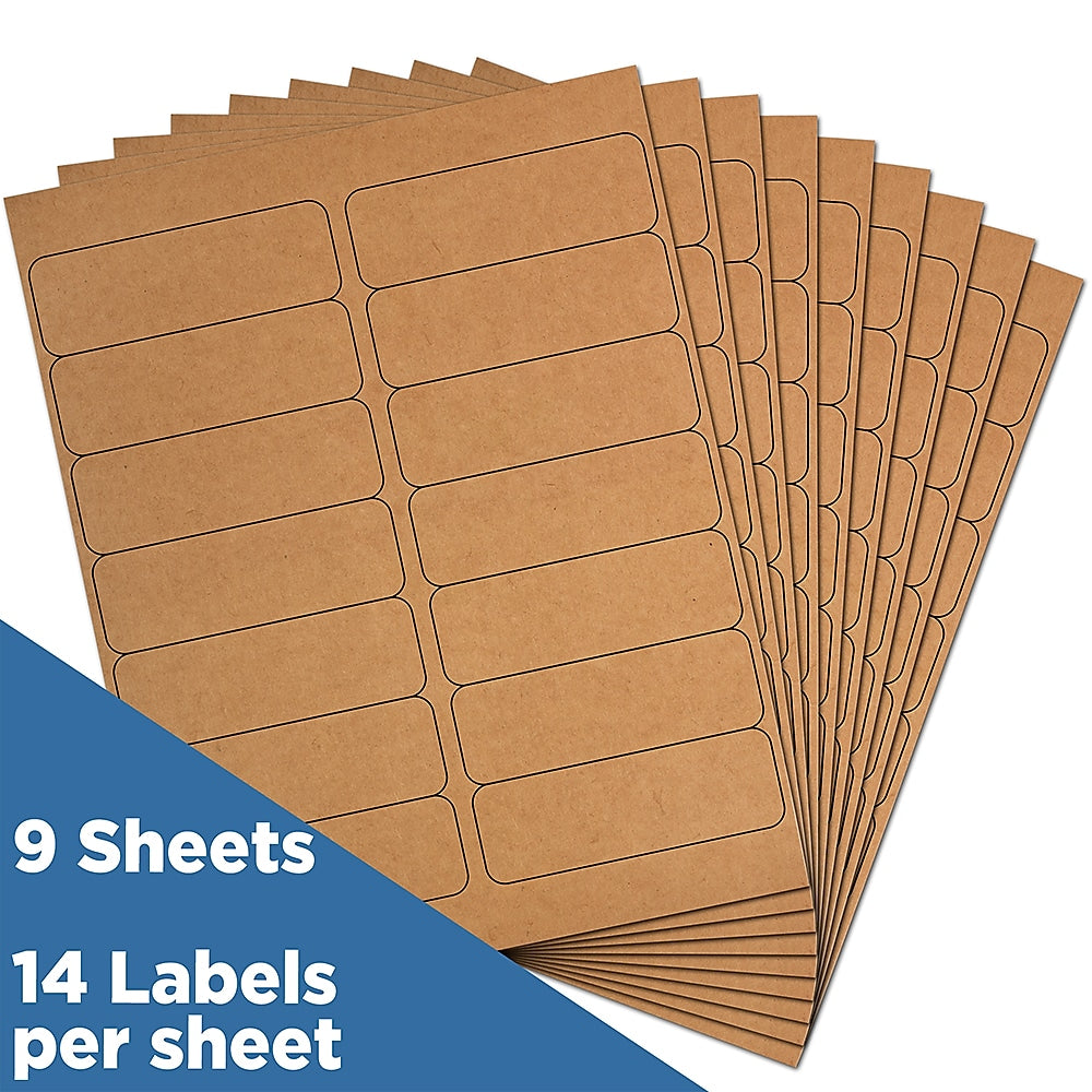 JAM Paper Address Labels, 1 1/3" x 4" , Brown Kraft, 14 Labels/Sheet, 9 Sheets/Pack (359330336)