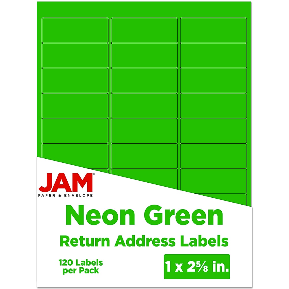 JAM Paper Laser/Inkjet Address Labels, 1" x 2 5/8", Neon Green, 30 Labels/Sheet, 4 Sheets/Pack (3543284)