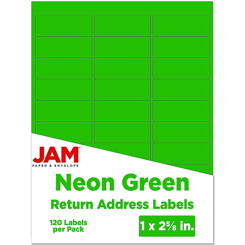JAM Paper Laser/Inkjet Address Labels, 1" x 2 5/8", Neon Green, 30 Labels/Sheet, 4 Sheets/Pack (3543284)
