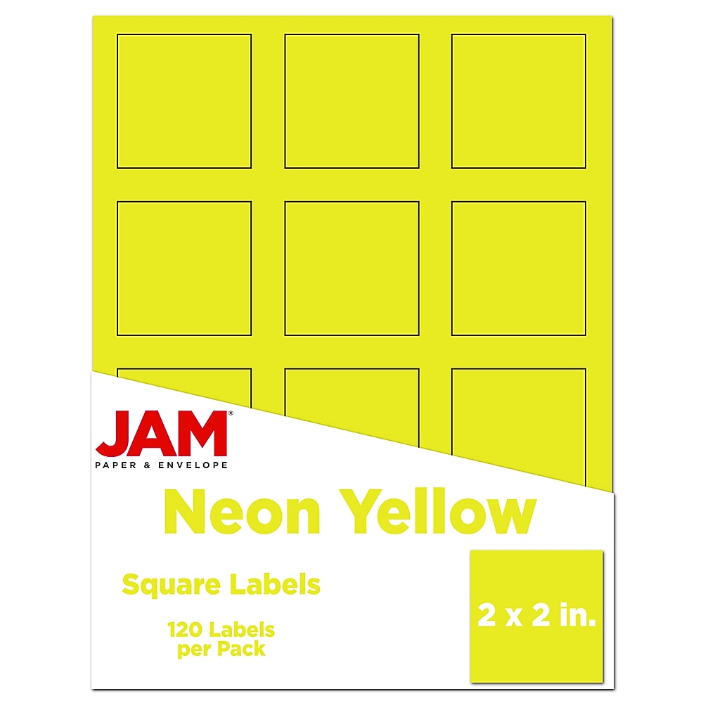 JAM Paper Square Labels, 2" x 2", Neon Yellow, 12 Labels/Sheet, 10 Sheets/Pack (367831073)