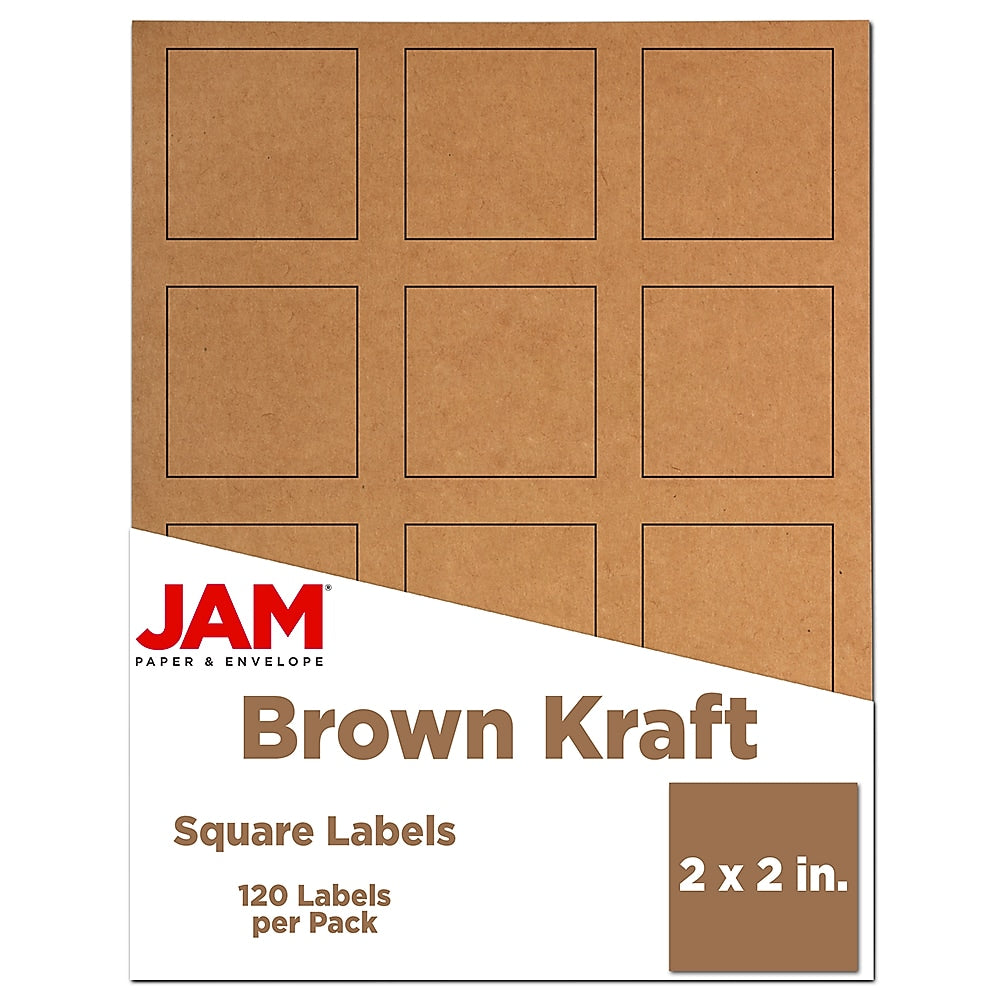 JAM Paper Square Labels, 2" x 2", Brown Kraft, 12 Labels/Sheet, 10 Sheets/Pack (367831070)