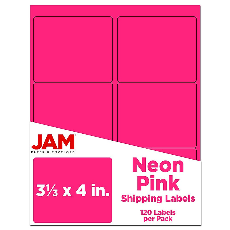 JAM Paper Shipping Labels, 3 1/3" x 4", Neon Pink, 6 Labels/Sheet, 20 Sheets/Pack (354328046)