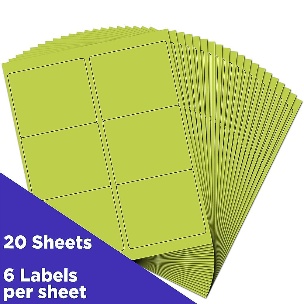 JAM Paper Laser/Inkjet Address Label, 4" x 3 3/8", Ultra Lime Green, 6 Labels/Sheet, 12 Sheets/Pack (302725780)