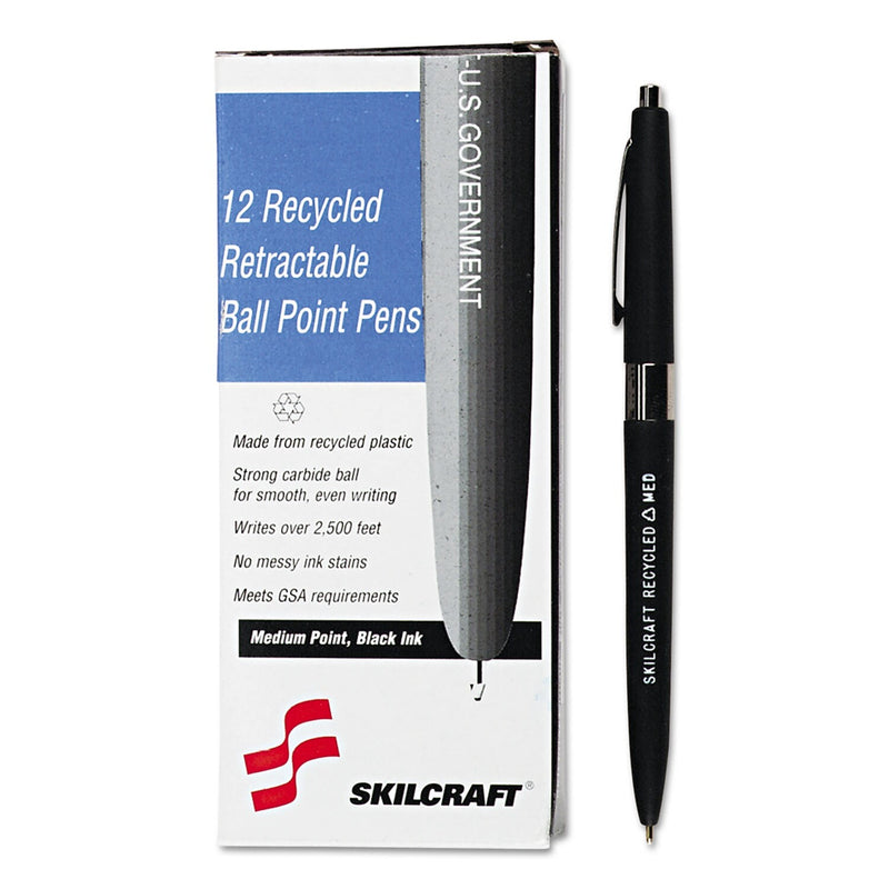 AbilityOne SkilCraft Recycled Retractable Ballpoint Pen, Medium Point, 1.0mm, Black Ink, 12/Pack
