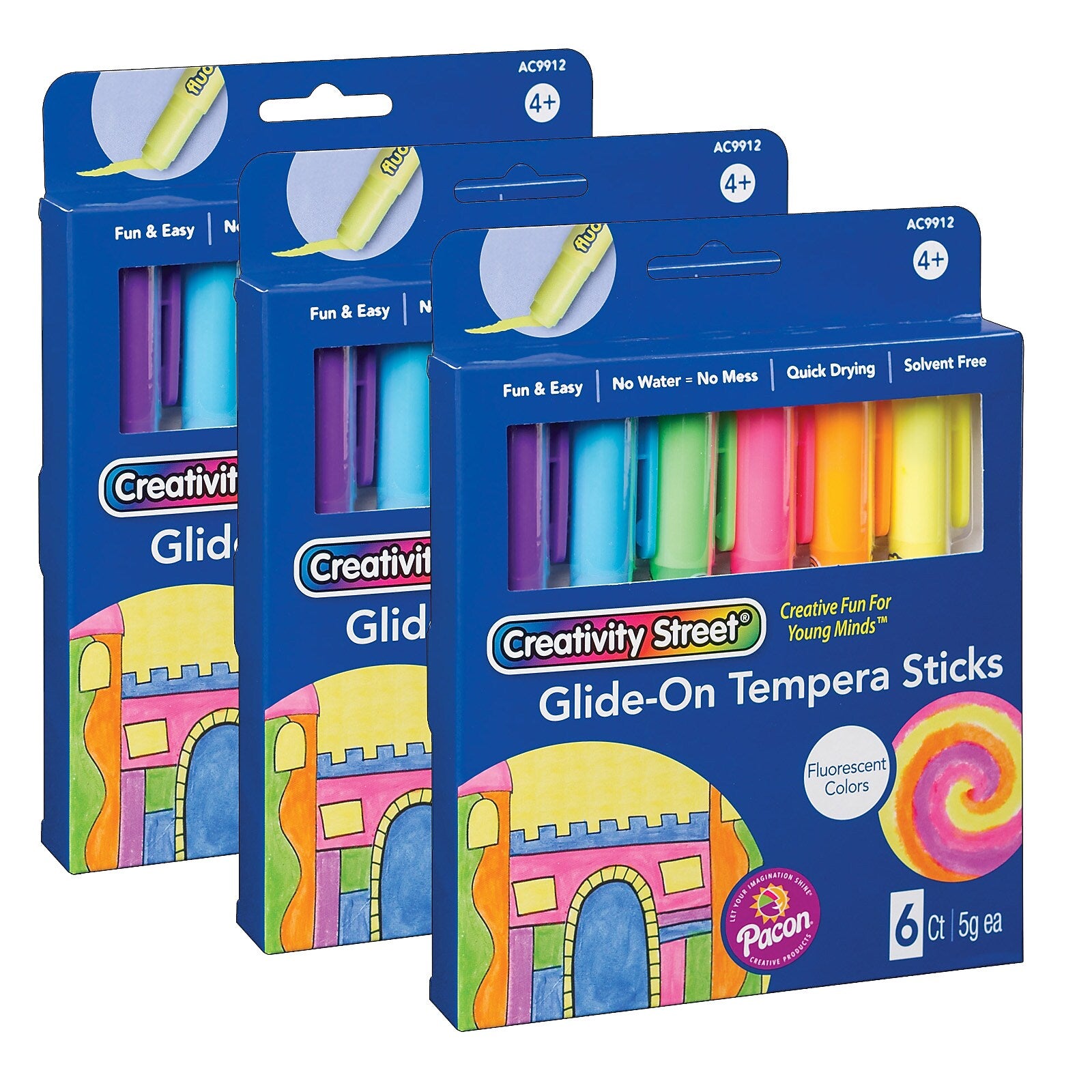 Creativity Street Glide-On Tempera Paint Sticks, Fluorescent Colors, 5 grams, 6 Per Pack, 3 Packs (PACAC9912-3)