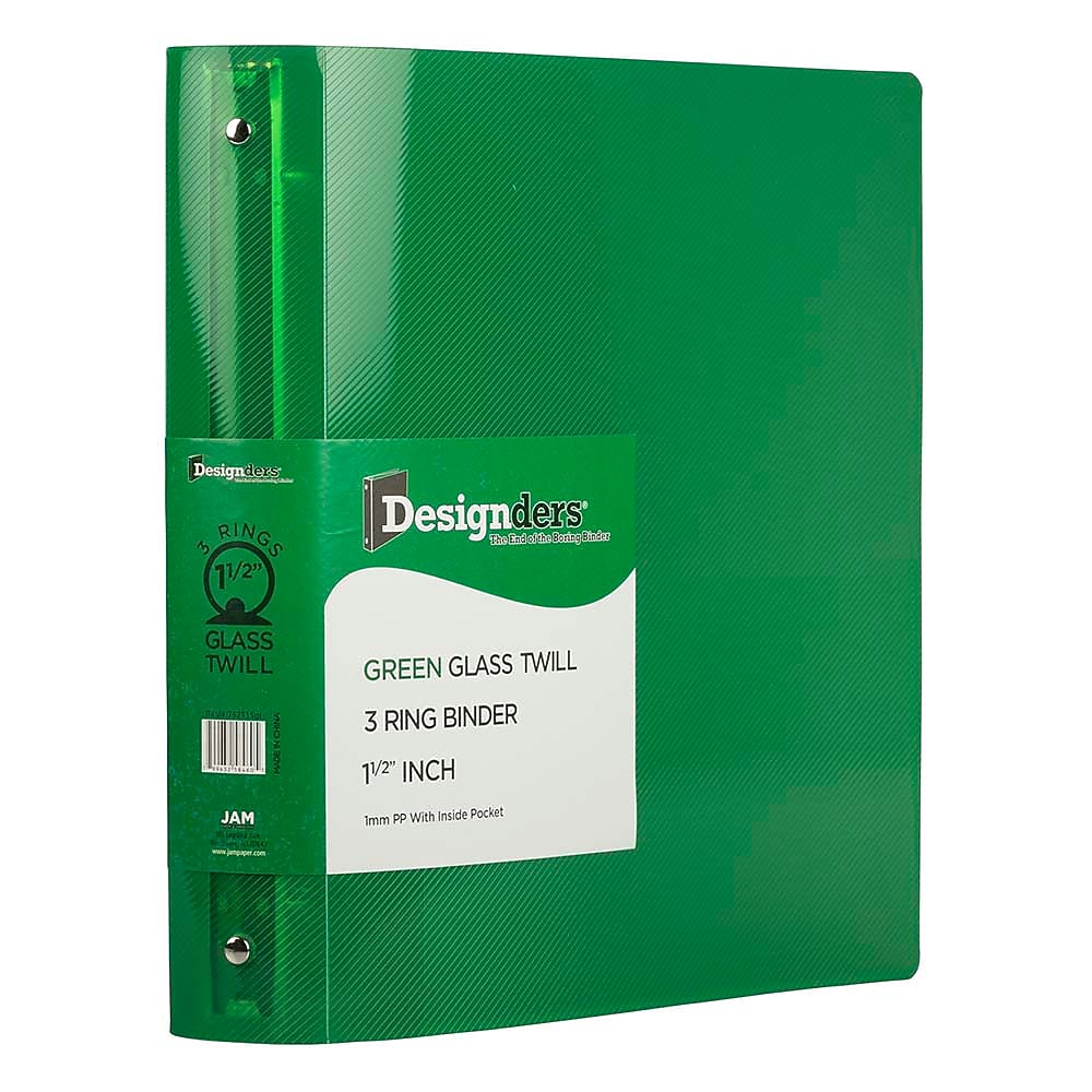 JAM Paper Heavy Duty 1 1/2" 3-Ring Flexible Poly Binders, Green Glass Twill (762T15GR)