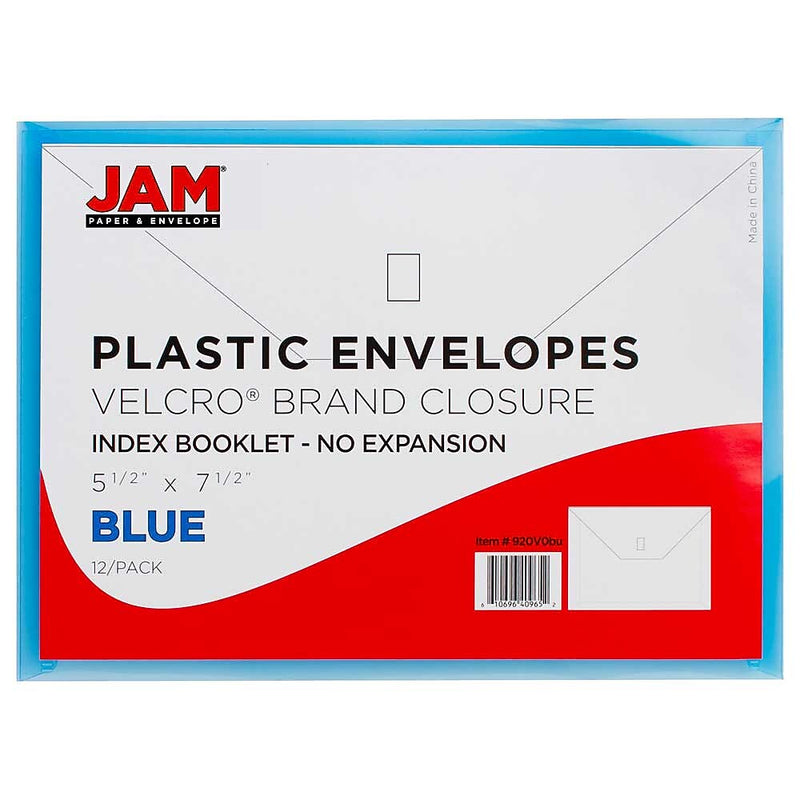 JAM Paper Plastic Envelopes with Hook & Loop Closure, Index Booklet, 5.5 x 7.5, Blue, 12/Pack (920V0BU)