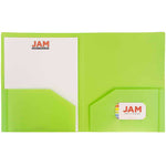 JAM Paper Heavy Duty Two-Pocket Plastic Folders, Lime Green, 6/Pack (383HLID)