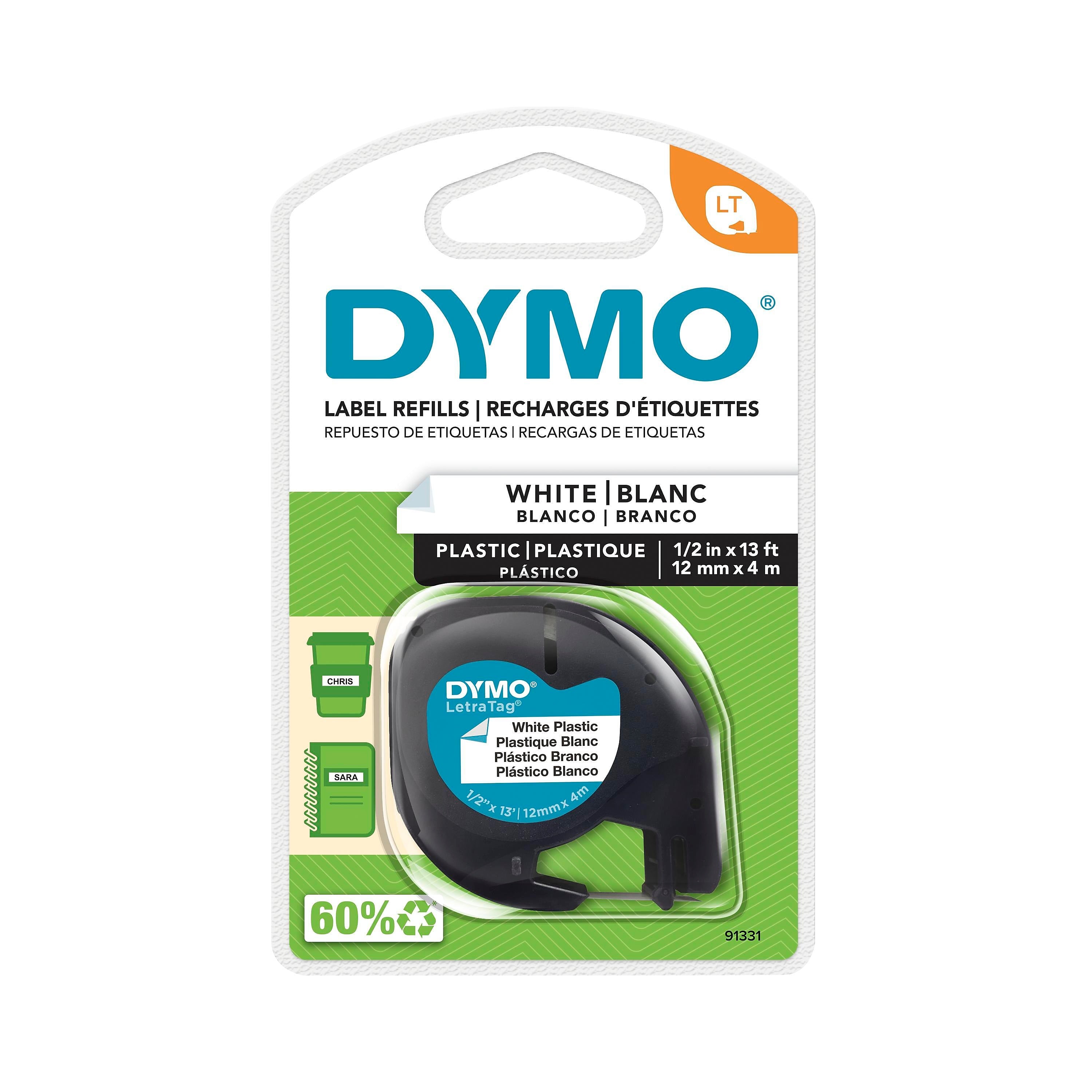 DYMO LetraTag 91331 Plastic Label Maker Tape, 1/2" x 13', Black on White (91331)